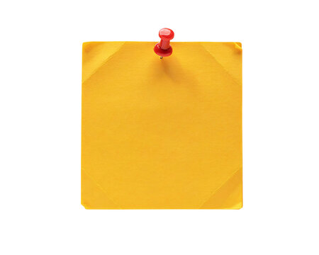 Bright yellow square paper note pinned with red pushpin on solated on transparent background