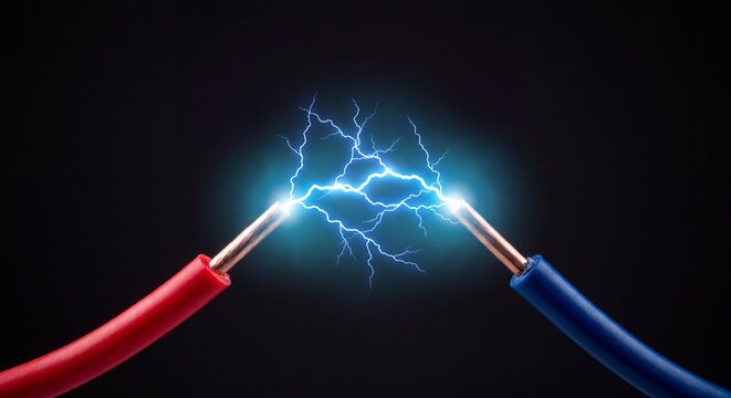 Two exposed electrical wires creating a bright blue electric spark discharge against a dark background with insulation produce vivid stripped copper wires arc against black, 8K Resolution