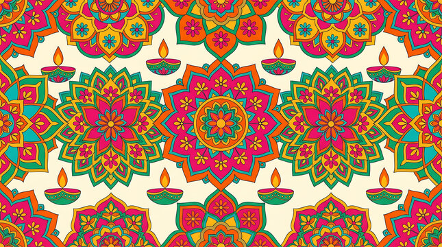 Colorful indian diwali festival background featuring traditional mandala patterns and decorative oil lamps for celebration greeting cards
