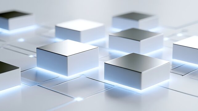 minimal stock exchange tokenization concept, luminous blocks arranged in a clean structured layout,