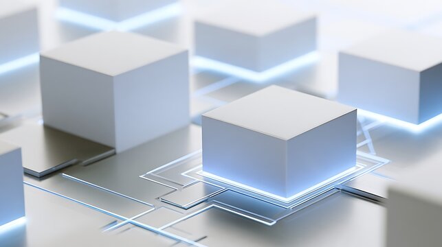 minimal stock exchange tokenization concept, luminous blocks arranged in a clean structured layout,