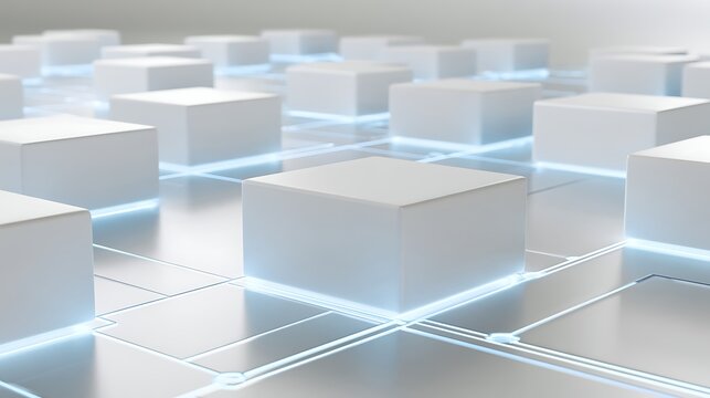 minimal stock exchange tokenization concept, luminous blocks arranged in a clean structured layout,