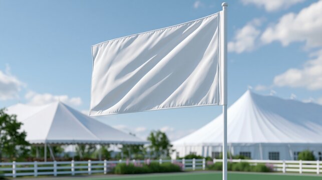 White flag waving outdoors with tents in background