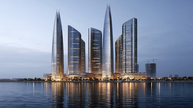 Modern skyscrapers reflection in calm water at twilight