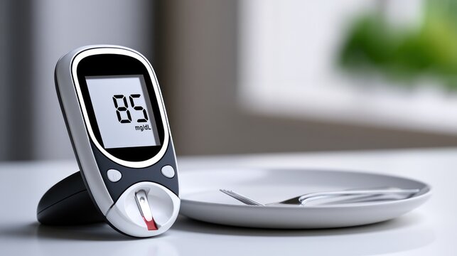 Digital blood glucose meter displaying reading near plate