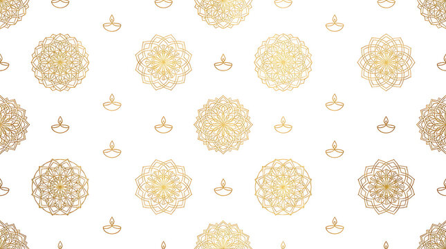 Seamless pattern with golden mandala ornaments and small diya lamps on a white background for festive design
