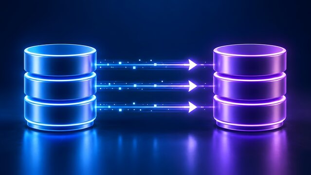 3D render of data transfer between two abstract servers or databases with neon blue and purple lighting symbolizing digital information flow.