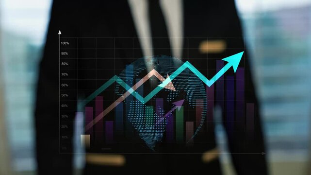 Global business growth chart holographic animation on the screen, Business professional touching glowing world map, bar chart and rising arrow, showing global financial growth and investment success.