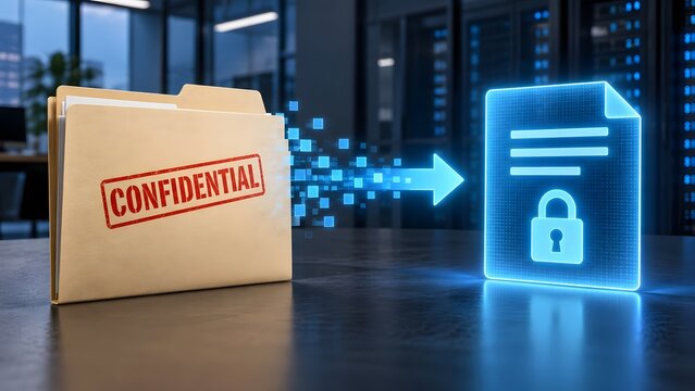 Confidential document transfer to secure digital file with lock icon and data stream in server room background