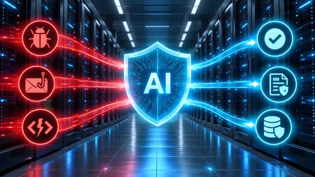 AI shield protects data and systems from cyber threats like bugs phishing and code exploits in a server room.