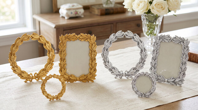 Elegant gold and silver leaf picture frames displayed beautifully upon a rustic wooden dining table surface