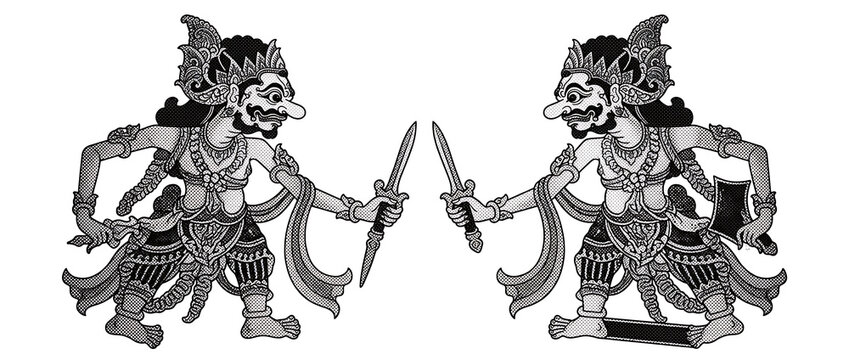 Two shadow puppets in a fighting pose with swords isolated on a transparent background