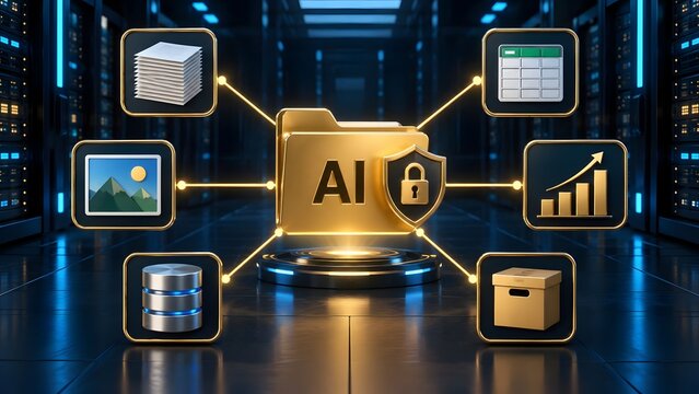 AI data management and security concept with connected icons for documents images spreadsheets database and analytics in a server room