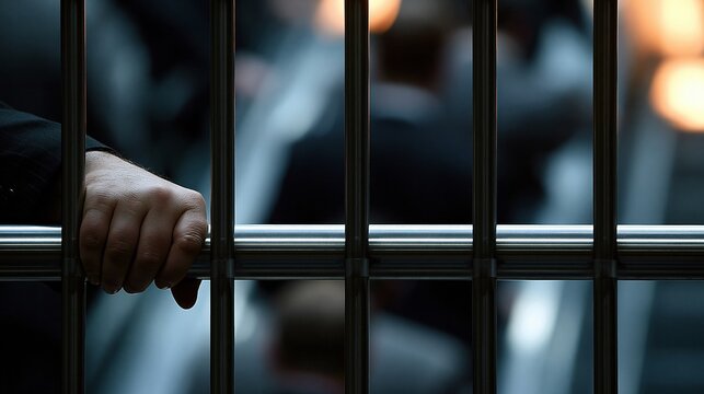 Hand gripping prison bars behind metal jail cell