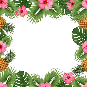 Tropical Watercolor Pineapple Hibiscus Flower and Palm Leaf Border Frame Design