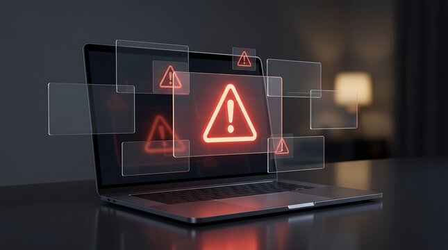 System security breach alert with multiple floating transparent warning windows emerging from a modern laptop screen representing digital risk assessment and software vulnerability status
