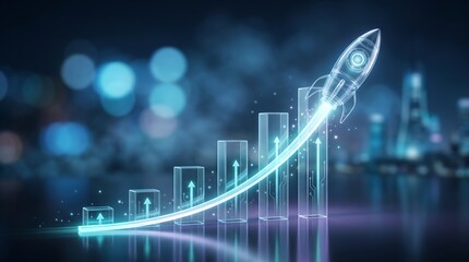 Fototapeta na wymiar Transparent digital rocket launching from glowing financial growth bar chart representing business success corporate expansion market performance and technological advancement in finance