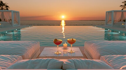 Fototapeta premium Two cocktails with candle at poolside sunset resort