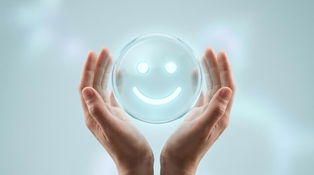 Human hands cupping glowing circular interface with happy smiley face icon representing customer satisfaction feedback and positive user experience in digital service environment