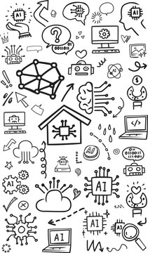 Artificial intelligence brain and machine learning vertical doodle