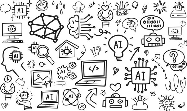 Future robotics and computer technology doodle horizontal banner