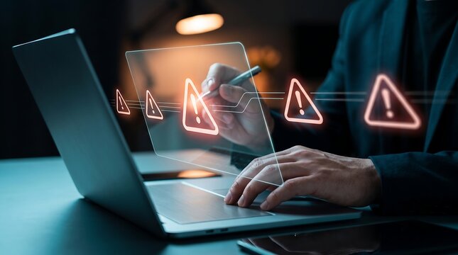 Businessman using digital pen on laptop screen with multiple warning alert icons for cybersecurity threat detection and network security monitoring in office