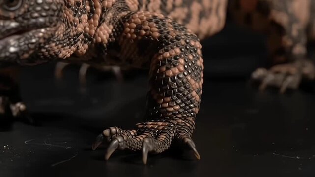 Venomous Gila monster lizard crawling on dark background with tongue flicking