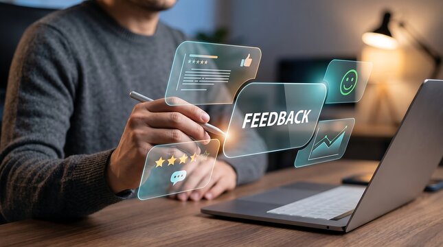 Man interacting with digital feedback interface on transparent glass display showing customer reviews and satisfaction ratings for business service quality improvement and analysis