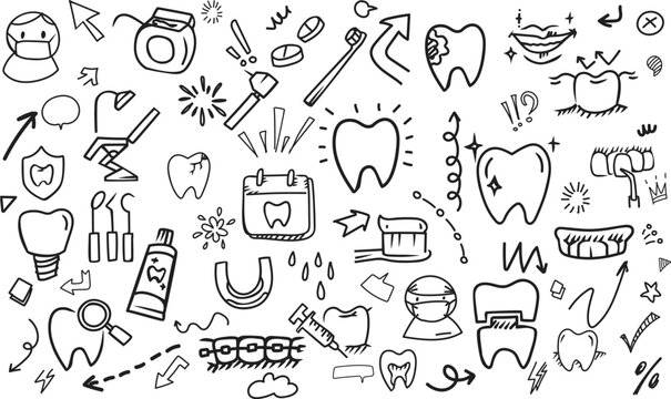 Dental care clinic equipment and tooth health doodle pattern