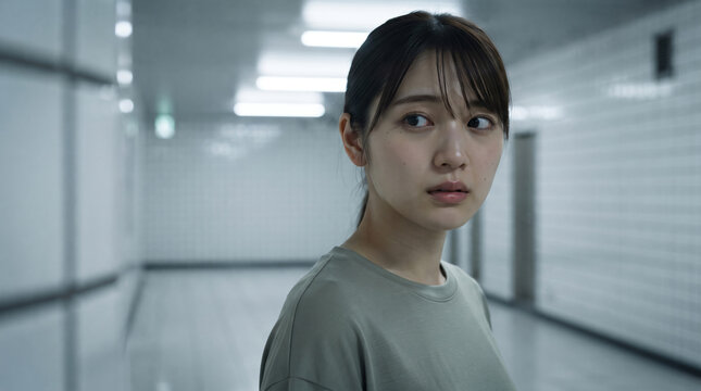 地下通路で不安そうに振り返る若い女性