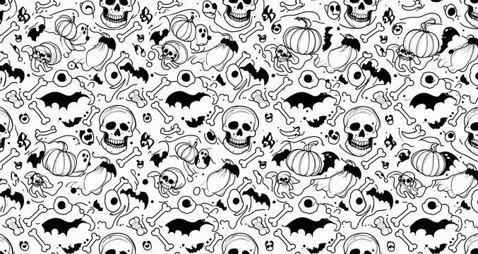 Seamless halloween pattern with scull bat ghost pumpkin bone candies white and black. 
