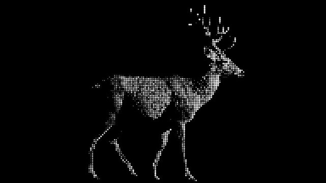 Stag silhouette made of white halftone dots on black background