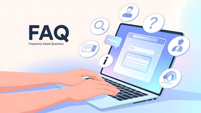 FAQ, Frequently Asked Questions Support Concept. Person using laptop with icon related to search, information, chat, customer service, support represent online help, user assistance, helpdesk, Q and A