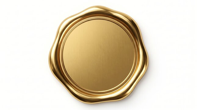 Shiny golden wax seal with a blank circular center isolated on a plain white background with center decorative wavy isolated against clean metallic gold wax