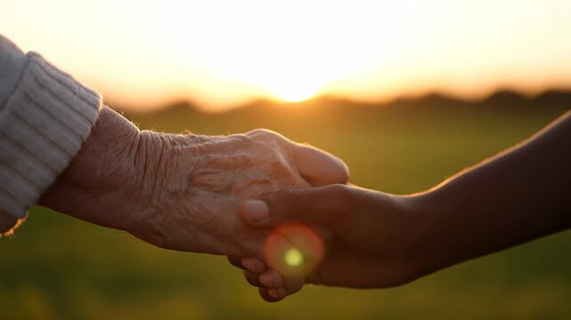 Tender Moment of Young and Old Generations Holding Hands at Sunset