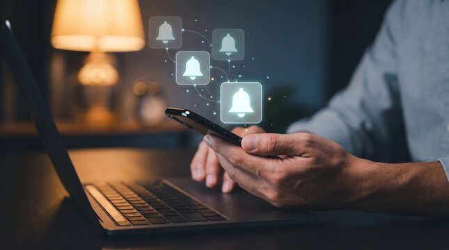 Person using smartphone with multiple floating notification bell icons representing digital social media engagement and constant connectivity in a dimly lit office environment 3D render concept