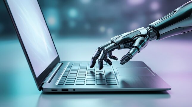 Detailed mechanical robotic hand typing on laptop keyboard symbolizing artificial intelligence and automation in modern technological business environment 3D render concept