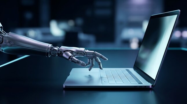 Metallic robotic arm fingers hovering over laptop keyboard illustrating artificial intelligence and advanced automation technology in dimly lit professional business workspace with bokeh lighting