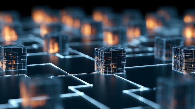 Advanced stock exchange tokenization platform visualized as rows of luminous digital blocks