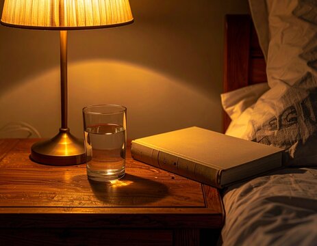 Cozy nighttime bedside scene with a warm lamp, glass of water, and a book on a wooden table, suggesting evening relaxation.