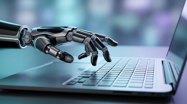 Robotic arm typing on laptop keyboard representing artificial intelligence machine learning and automated data processing in modern office environment with blurred background for technology concept