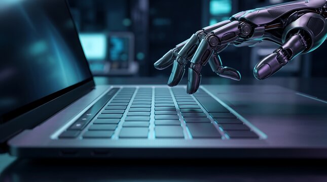 Close up of mechanical robotic hand typing on laptop keyboard symbolizing artificial intelligence and automated systems within a high tech environment with blurred blue light background