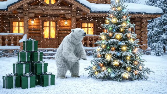 A polar bear standing next to a glowing christmas tree with stacked green gift boxes in front of a wooden cabin in the snow, for holiday greeting cards and winter advertising.