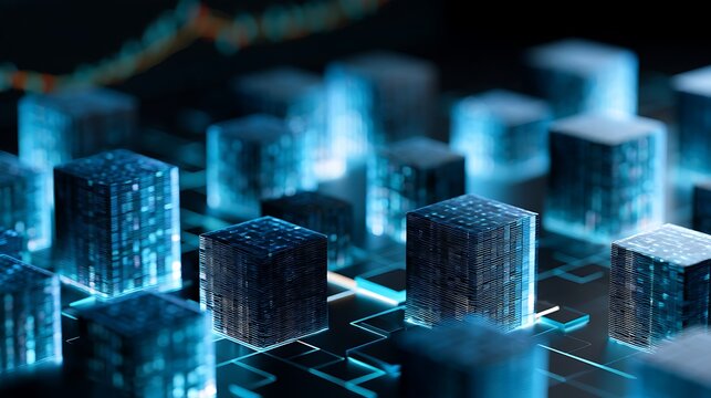 Futuristic stock market tokenization concept, glowing blue and cyan data blocks representing digital shares and financial assets,