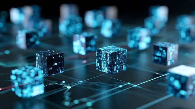 Futuristic stock market tokenization concept, glowing blue and cyan data blocks representing digital shares and financial assets,