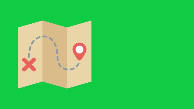 Animated treasure map icon featuring a travel route with a red X and location pin on a green screen background for navigation and adventure concepts.