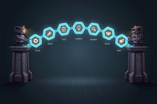 Two robots standing on stone towers connected by a glowing blue arch of hexagonal representing a software development process in a dark space