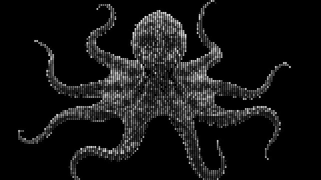 Octopus silhouette formed by white halftone dots on a black background