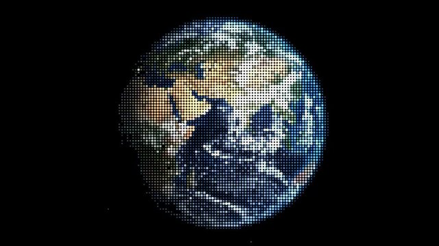 Planet Earth globe rendered with a digital halftone dot pattern against a black background