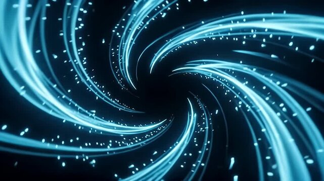 Futuristic blue light trails swirling into a dark vortex, glowing fiber optic motion background. Abstract digital data stream with sparkling particles. High speed energy tunnel for tech video.